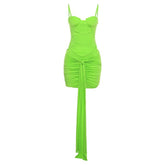 Hollow out solid ruched low cut self tie cami bodysuit mini skirt set